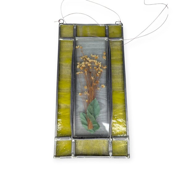 Rectangular Stained Leaded Glass Panel with Dried Floral Accent 8" x 4" x 1/2" - Picture 1 of 12